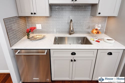 stainless steel sink and flat black handles and knobs